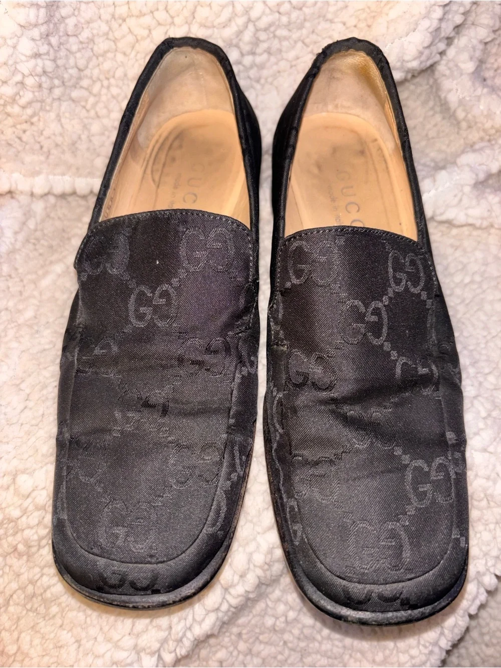 Gucci Vintage GG Monogram Black Fabric Block Heel Pumps Loafers Size 4 Italy